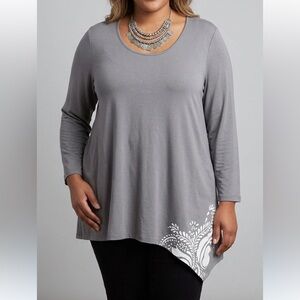 Mr MAX Grey Stretch Asymmetrical Hem Long Sleeve Top White Floral Design 2X